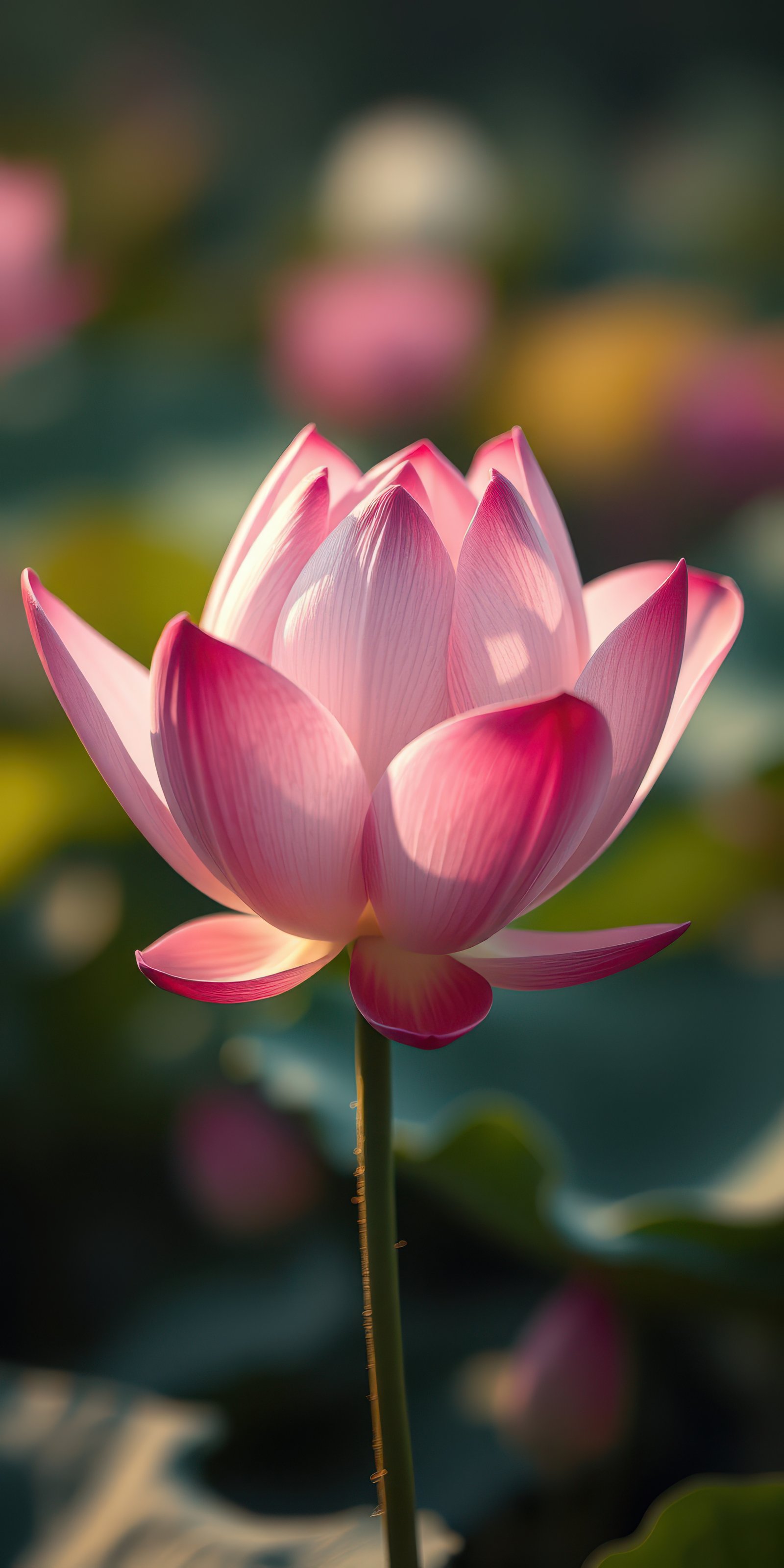 Beautiful pink lotus flower blooming gracefully in a serene pond surrounded by lush greenery during golden hour